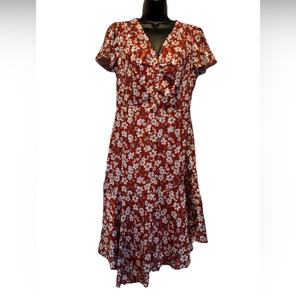 Sam Edelman Ruffled Tiered Floral Asymmetrical Dress Women’s 4 Red White Short